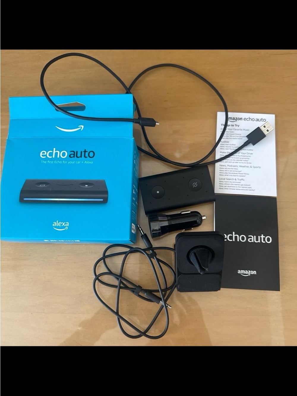 Amazon Echo Auto Bundle in Black with Blue Box